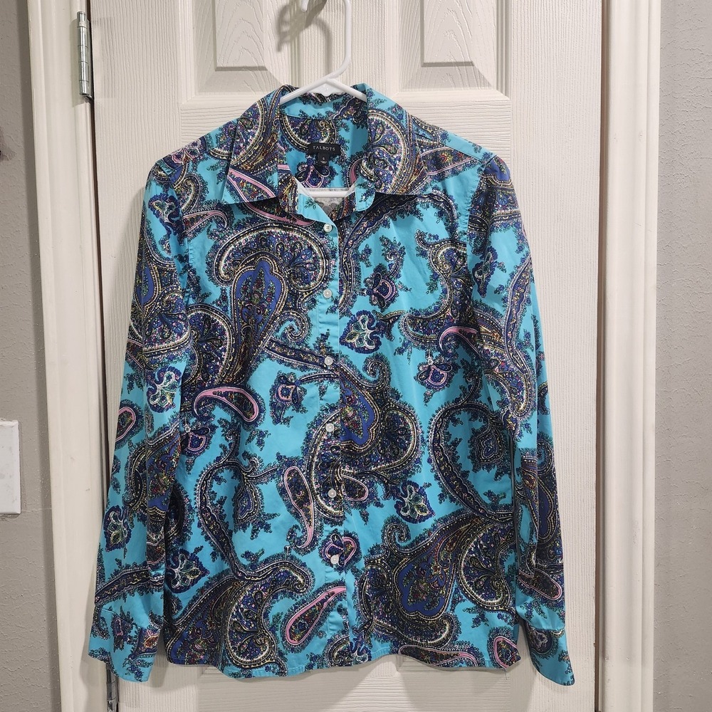 Talbots Paisley Button Front Blouse Womens Small Blue Cotton Stretch Shirt